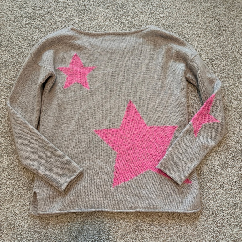 360 Cashmere Sweater Womens XS Gray Pink Stars Knit Scoop Neck
